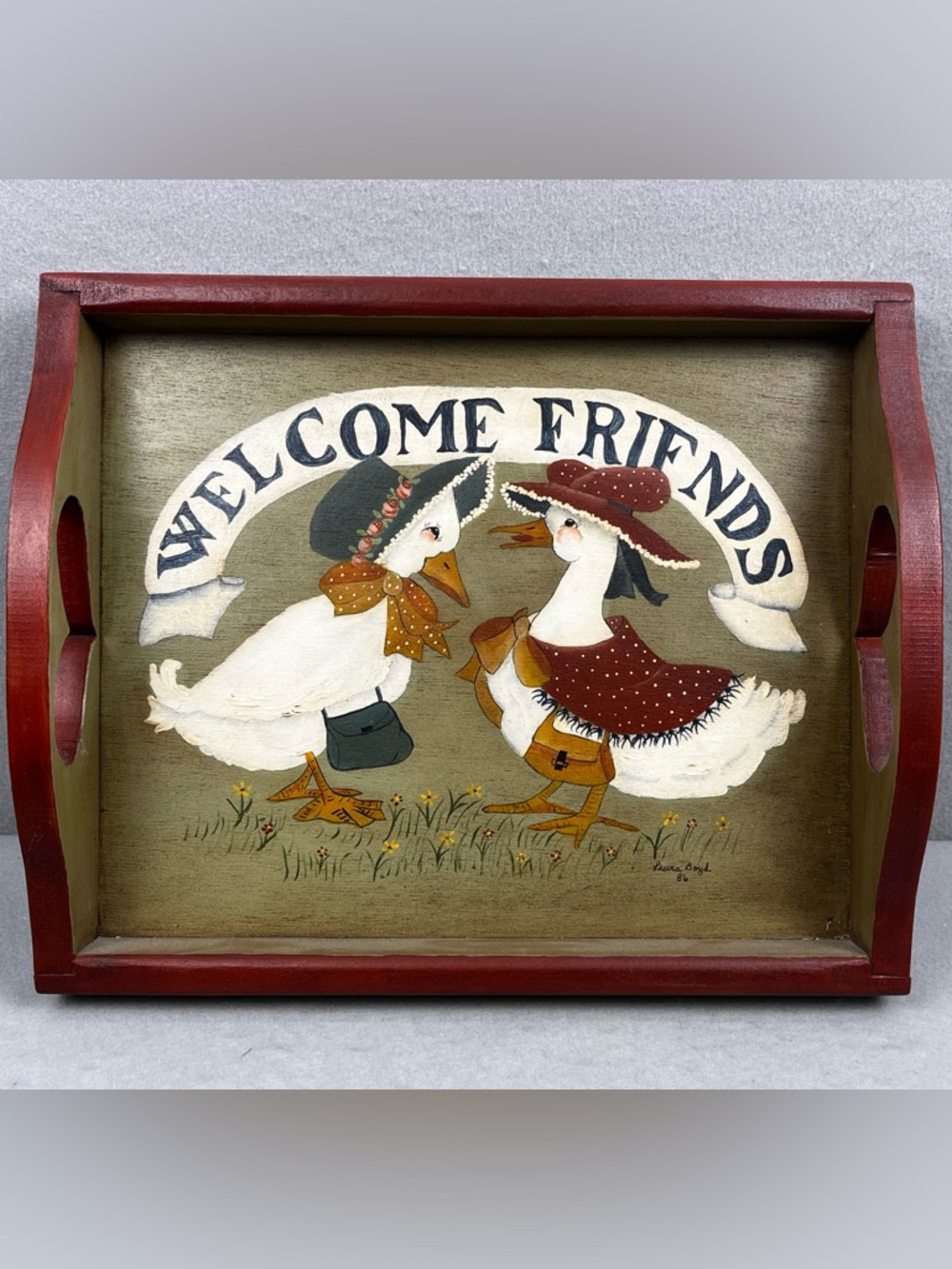 Solid Wood Hand Painted Signed Laura Boyd Country Kitchen Goose Tea Serving Tray